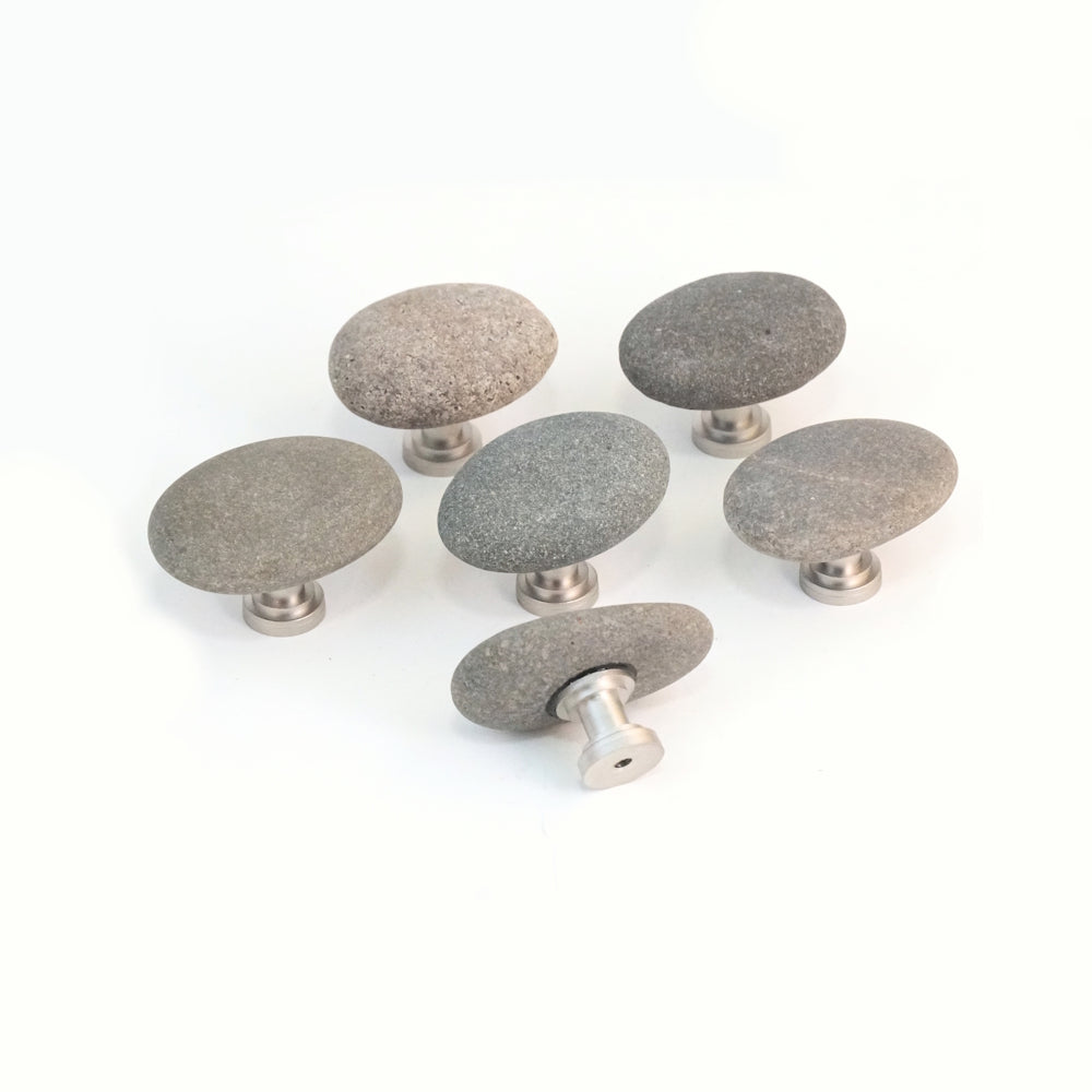Large Greige Mix Beach Stones on Satin Nickel - Set of 6