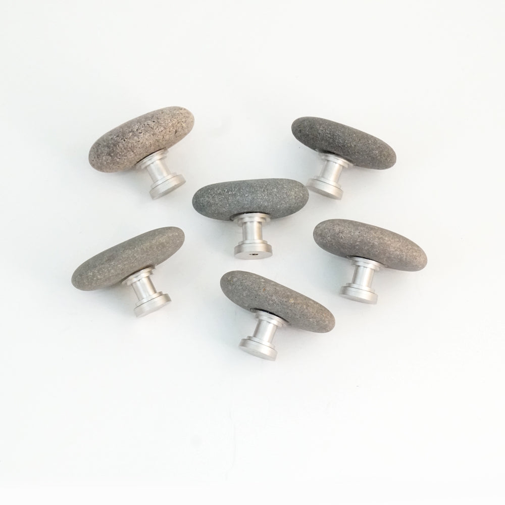 Large Greige Mix Beach Stones on Satin Nickel - Set of 6