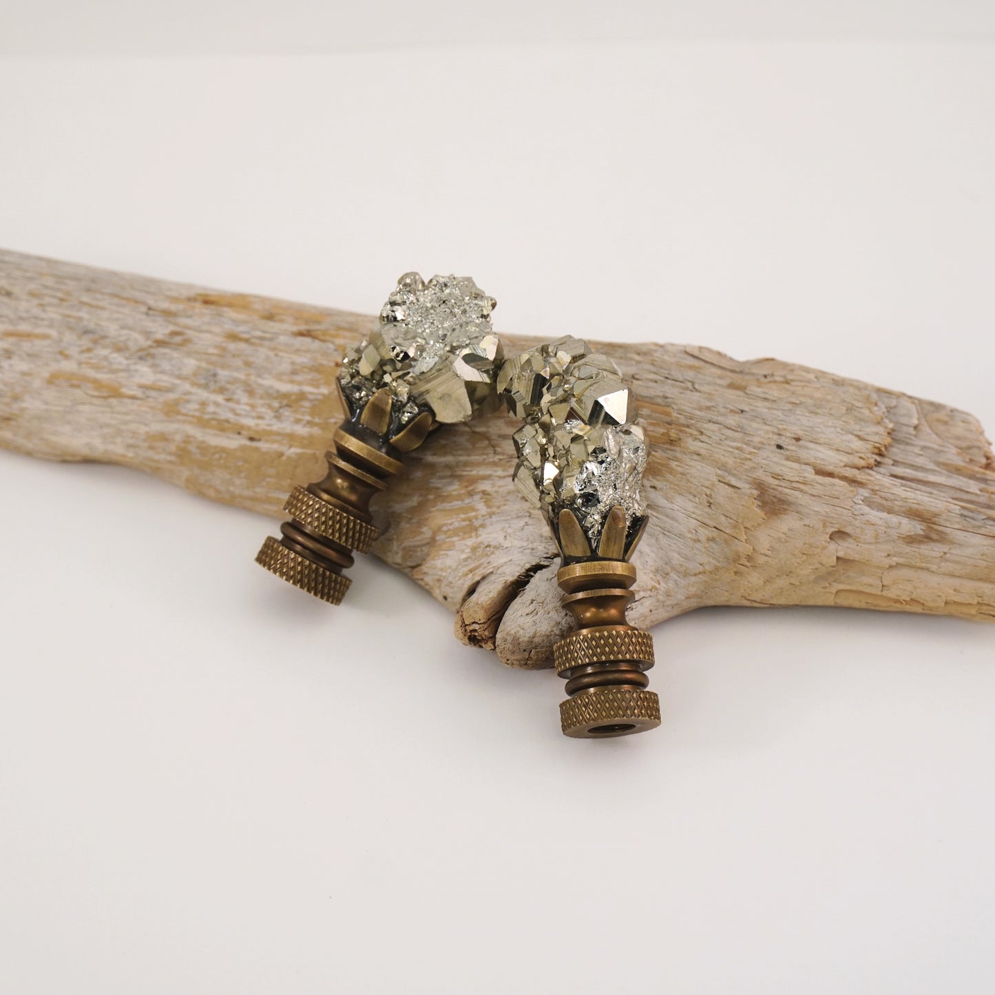 Pyrite Crystal Lamp Finial Pair - Antique Brass