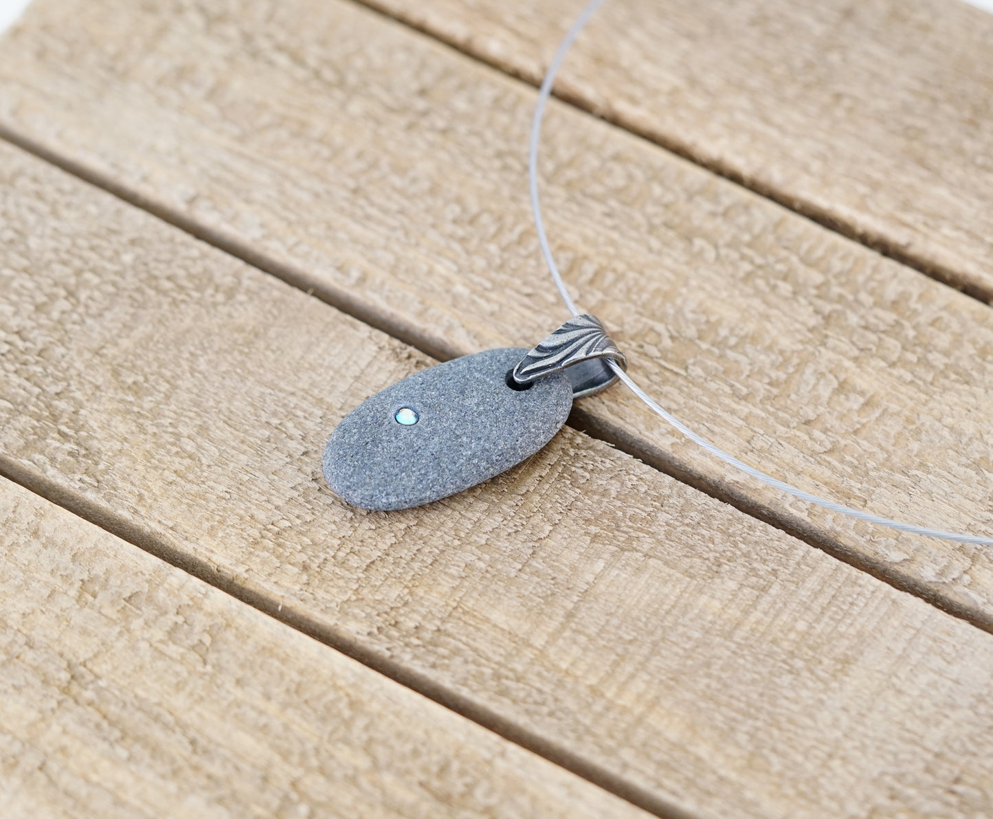 Beach Stone Necklace - Gray Rock Pebble with Swarovski Crystal