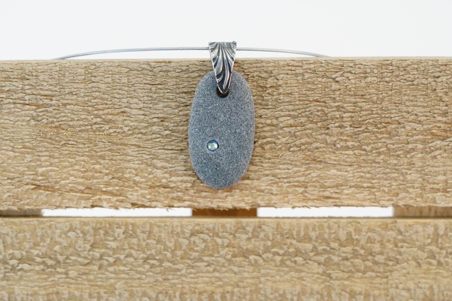 Beach Stone Necklace - Gray Rock Pebble with Swarovski Crystal