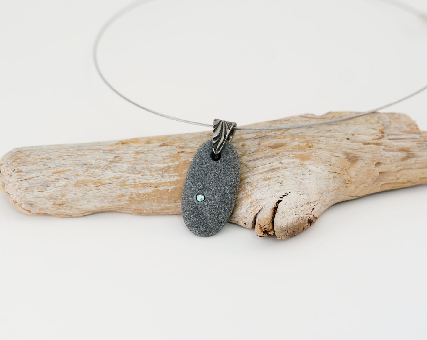 Beach Stone Necklace - Gray Rock Pebble with Swarovski Crystal