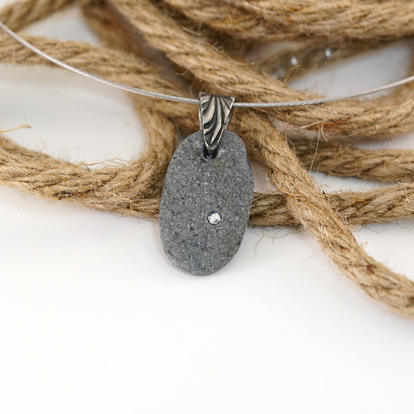 Beach Pebble Necklace - Natural Gray Stone with Swarovski Crystal