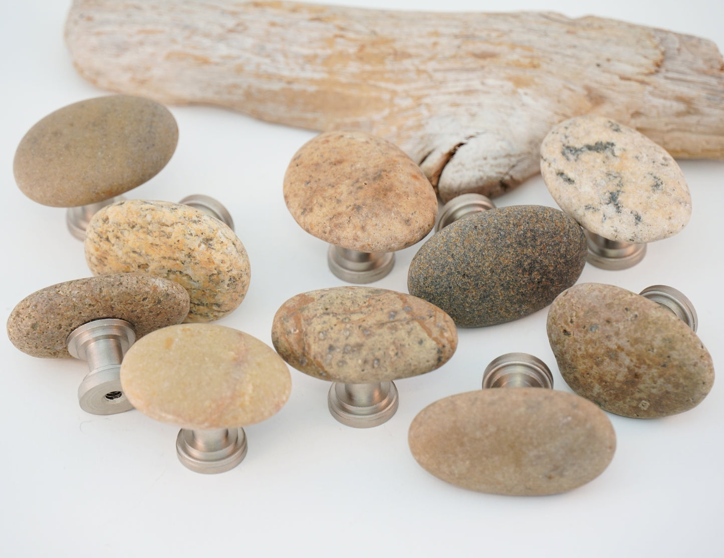 Beach Rock Cabinet Knobs - Set of 10 Tan Stones on Satin Nickel Stems