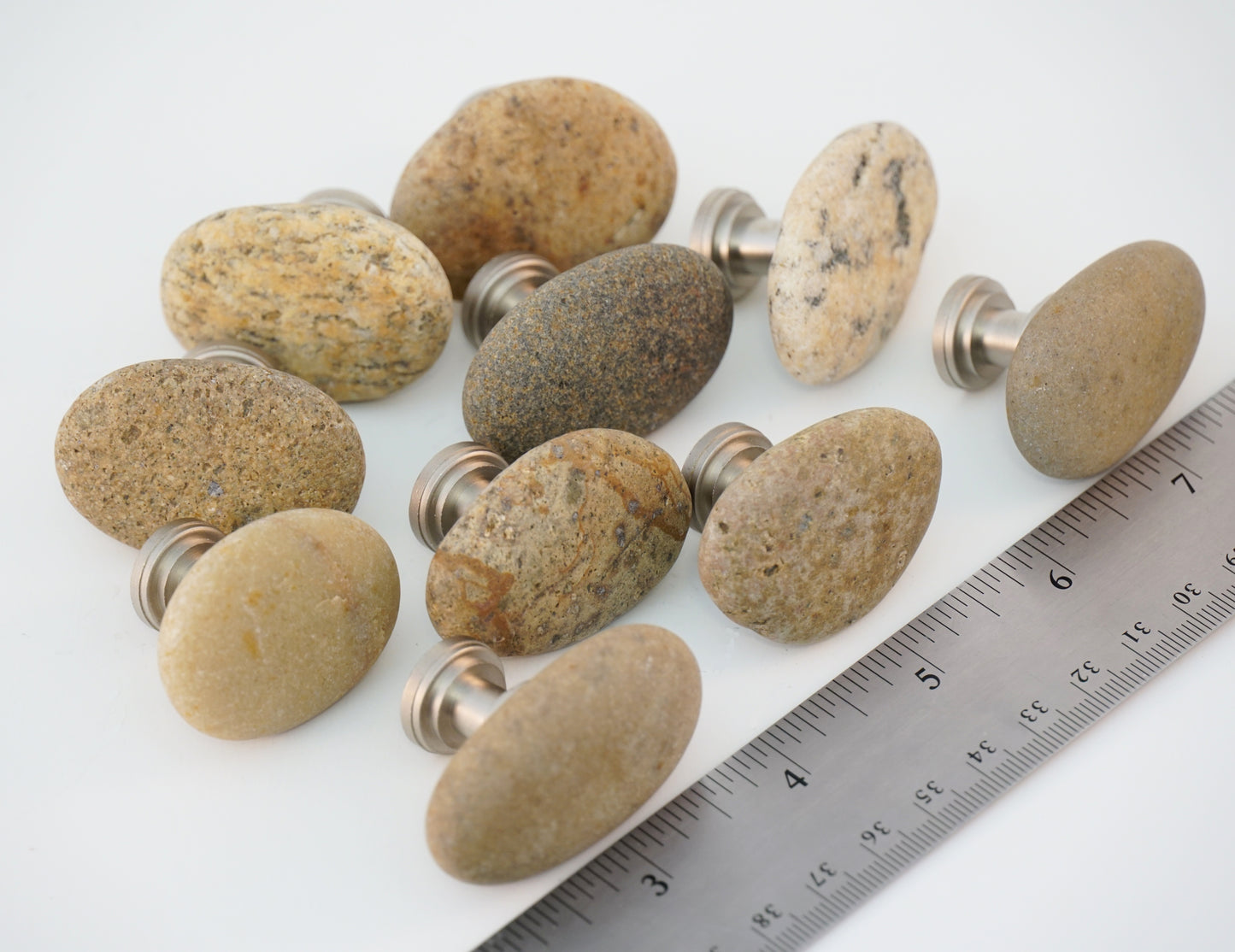 Beach Rock Cabinet Knobs - Set of 10 Tan Stones on Satin Nickel Stems