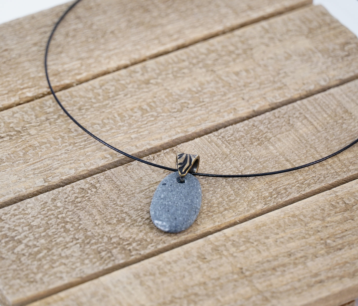 Beach Rock Necklace - Single Gray Stone with Oxidized Brass Bail