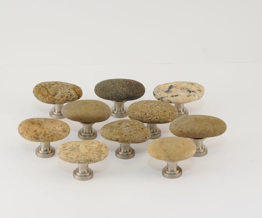 Beach Rock Cabinet Knobs - Set of 10 Tan Stones on Satin Nickel Stems