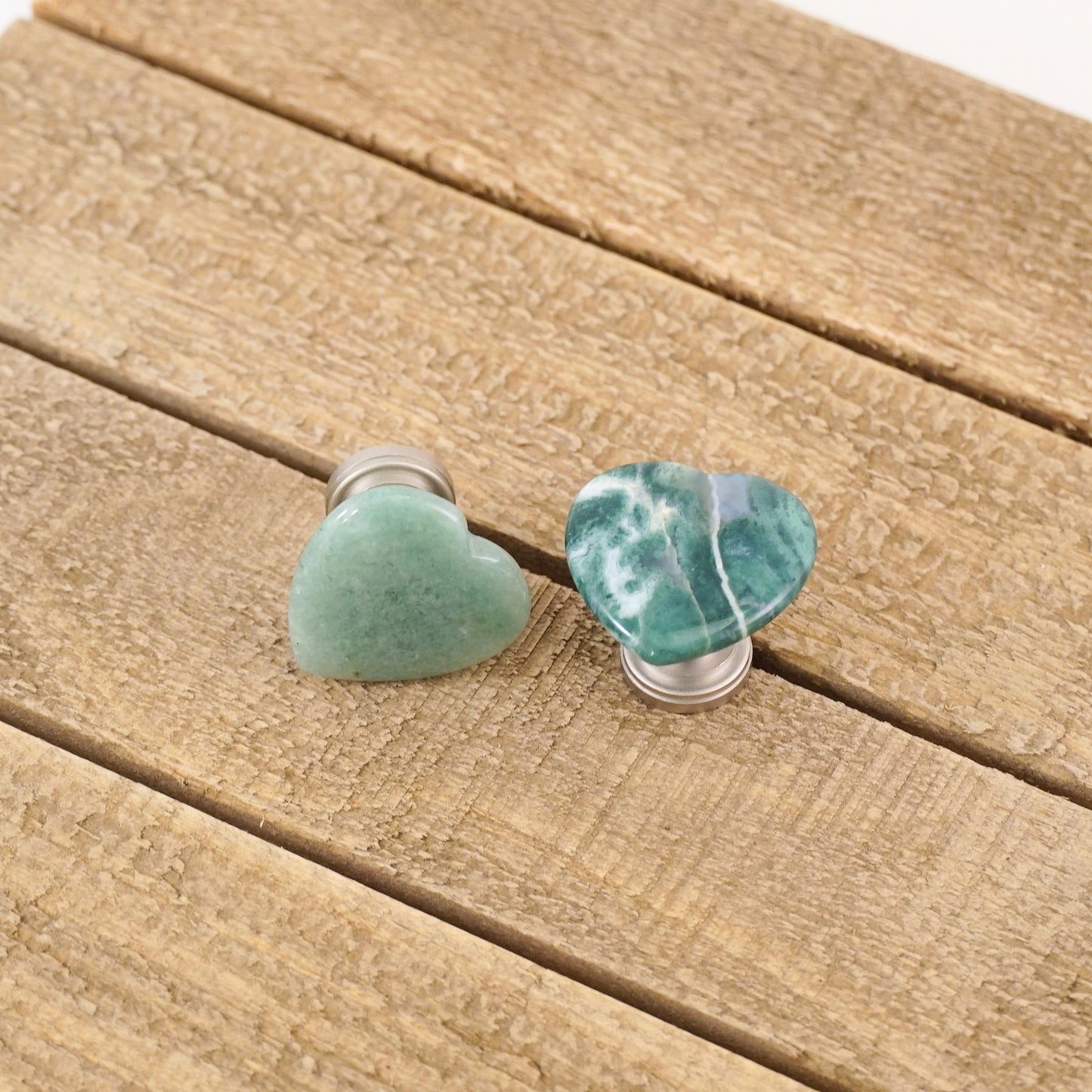 Gemstone Heart Cabinet Knob Pair - Aventurine & Green Moss Agate