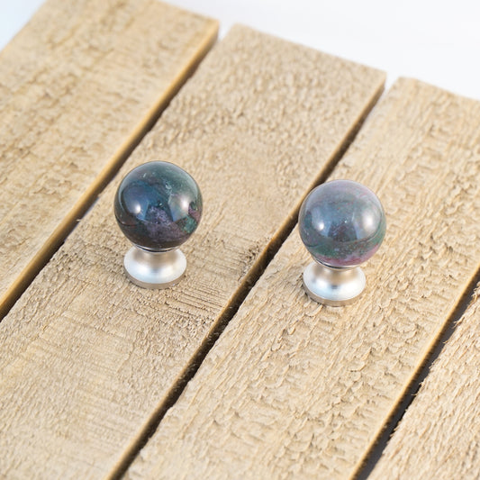 Gemstone Marble Cabinet Knob Pair - Green and Pink Bloodstone
