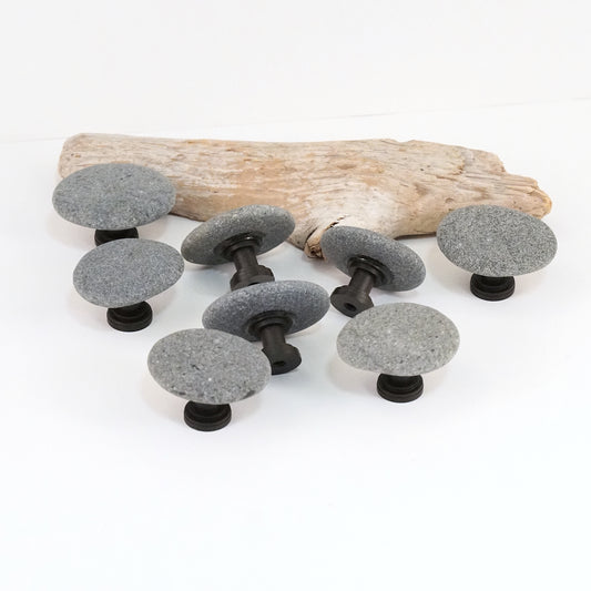 Beach Pebble Stone Rock Cabinet Knobs - Set of 8 Gray Stones - Ready to Ship