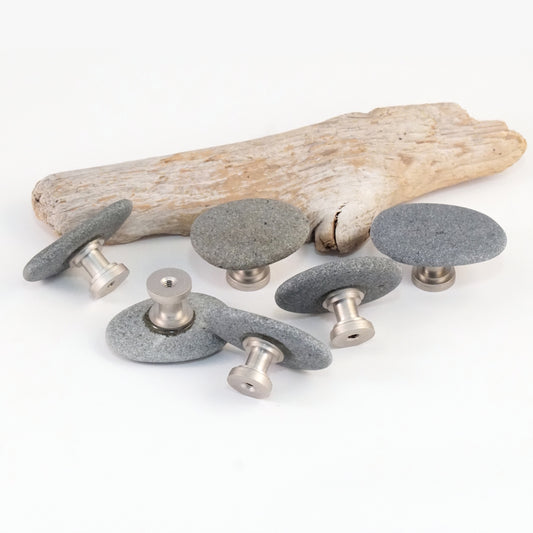 Set of 7 Flat Gray Beach Stone Cabinet Knobs - Ready to Ship