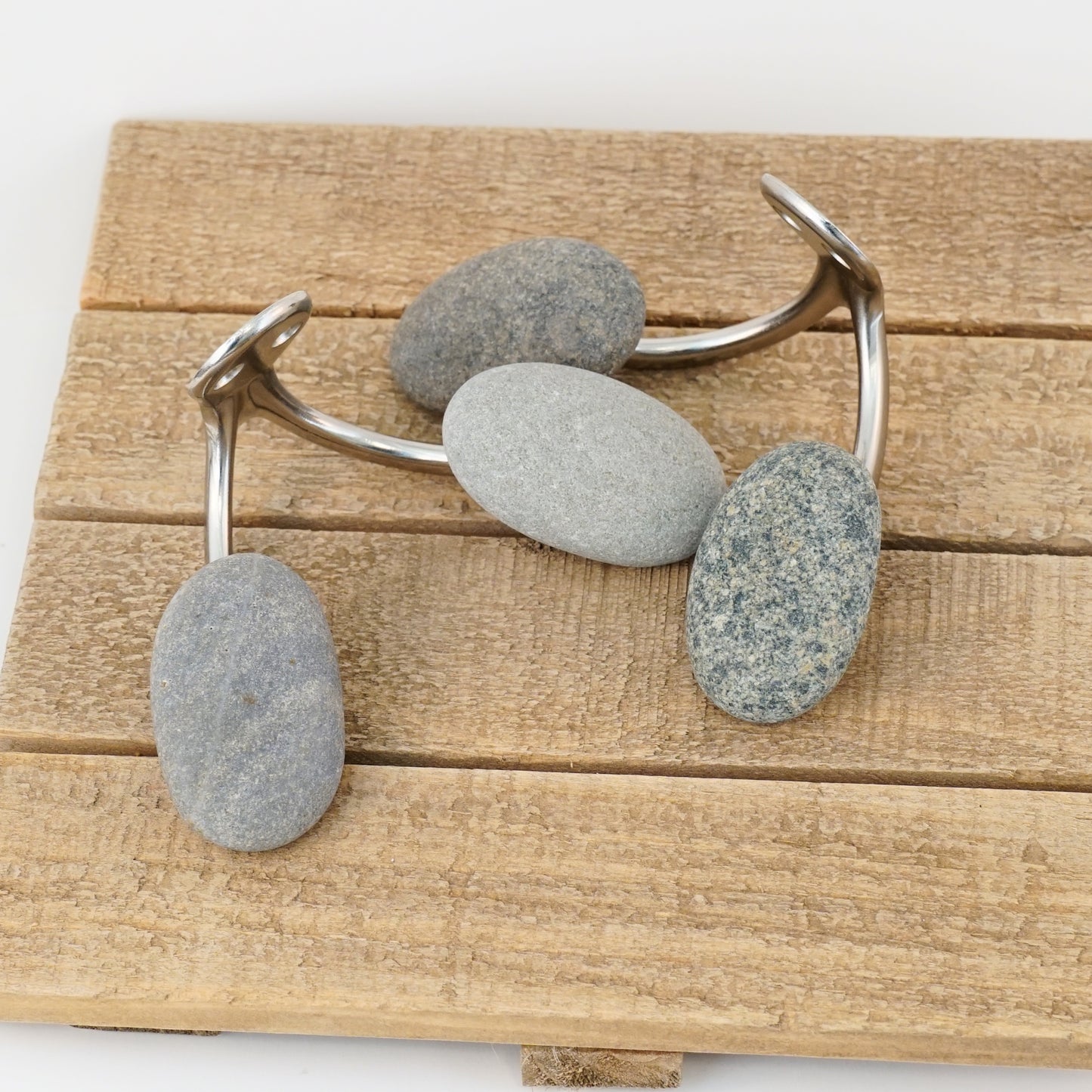 Double Robe Wall Hook Pair with Natural Beach Pebbles