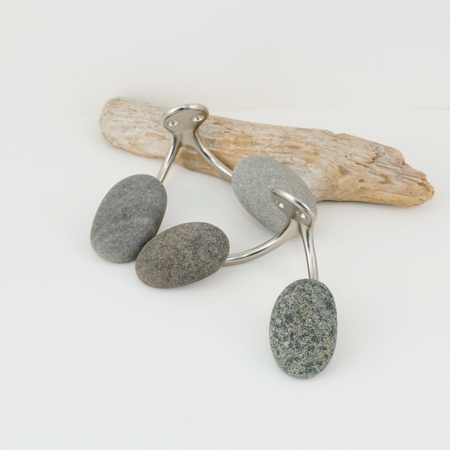 Double Robe Wall Hook Pair with Natural Beach Pebbles