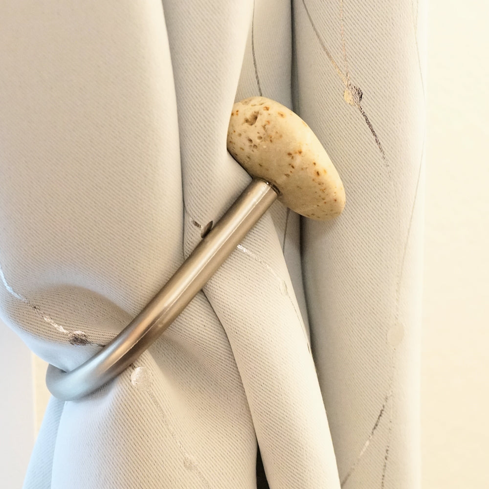 Curtain Holdback Tie Back Hook Pair - Satin Nickel Hooks with Pebbles