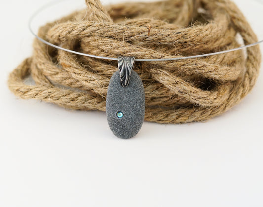 Beach Stone Necklace - Gray Rock Pebble with Swarovski Crystal