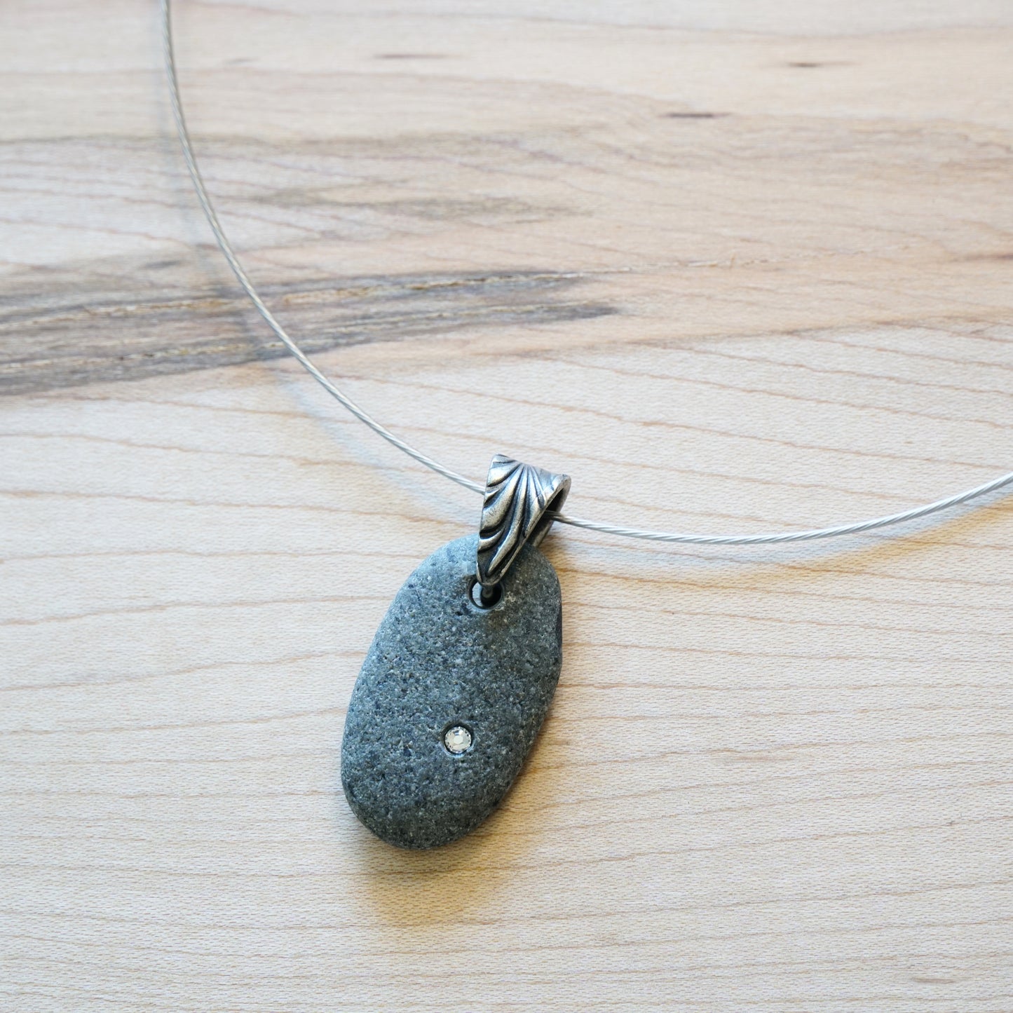 Beach Pebble Necklace - Natural Gray Stone with Swarovski Crystal