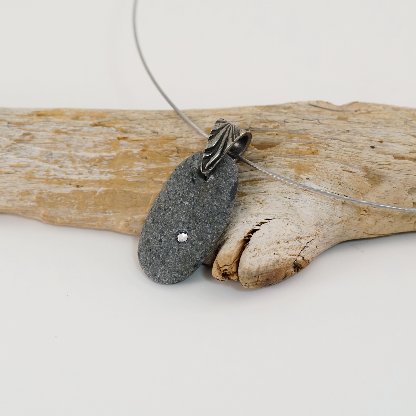 Beach Pebble Necklace - Natural Gray Stone with Swarovski Crystal