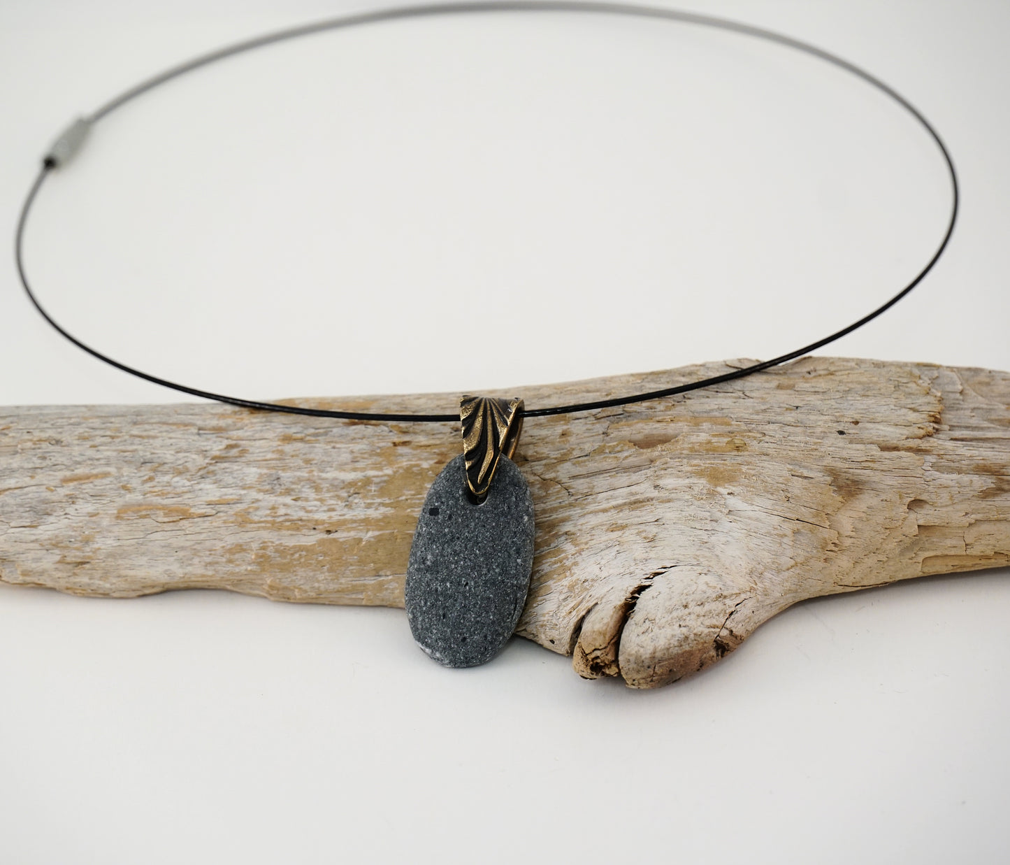 Beach Rock Necklace - Single Gray Stone with Oxidized Brass Bail